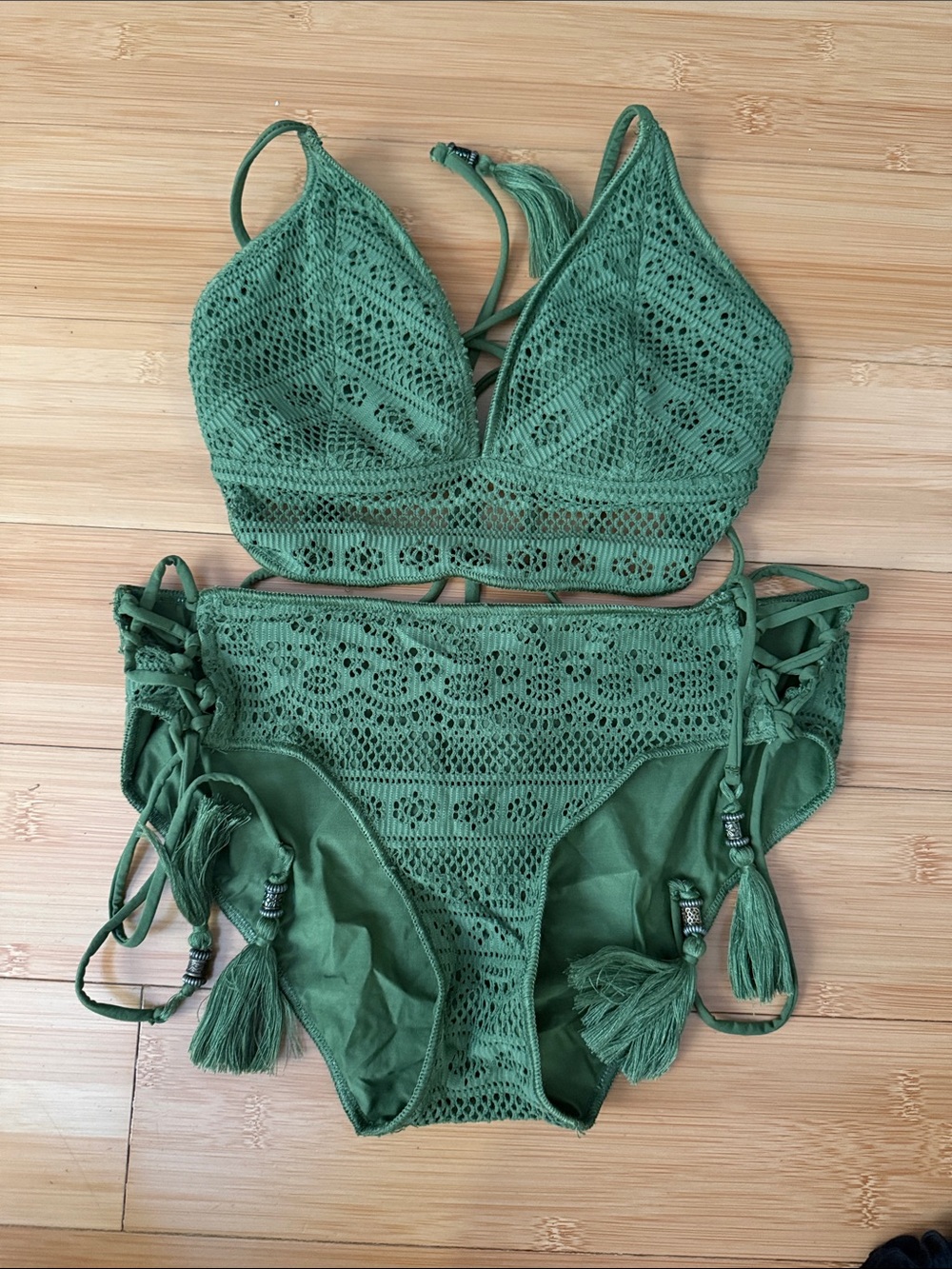 BECCA Green Crochet Bikini Set with Tassel Details